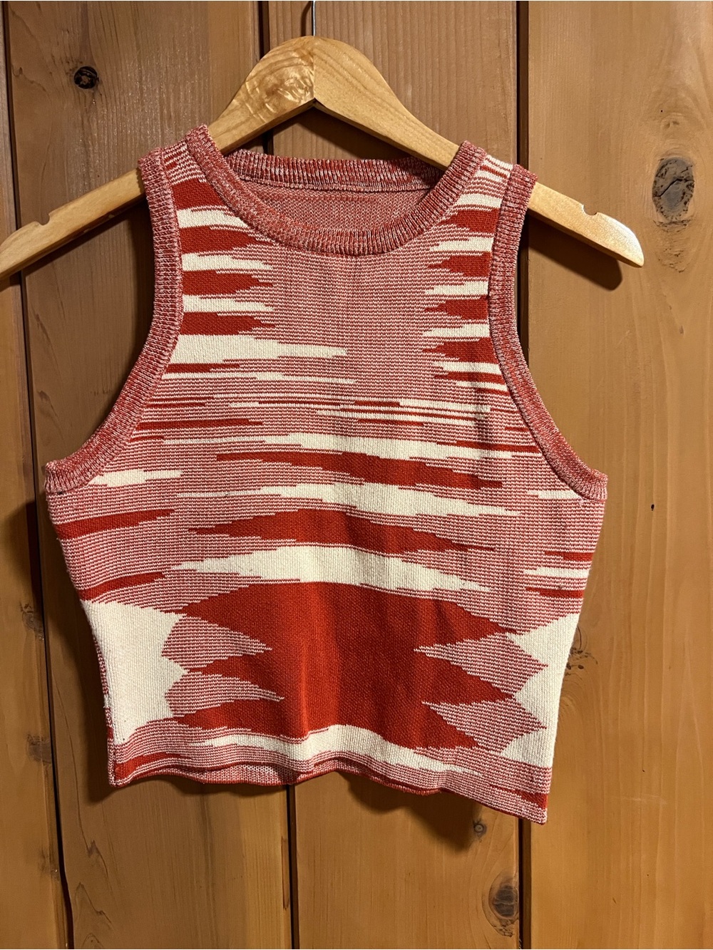 Abstract Stripe Knit Crop Tank Top in Red and Cream